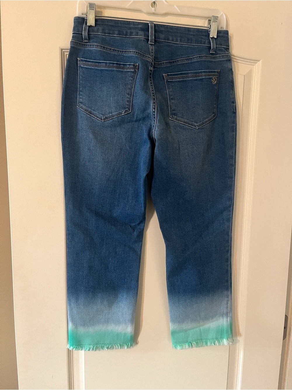 Susan Graver Designer Blue Jeans With Teal Dip-Dye Hem Cropped Size 6 Petite — image 3 of 8